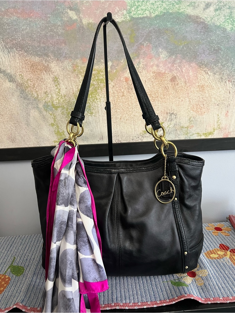 Coach Alexandra Python Chain Large Black Leather Shoulder Bag